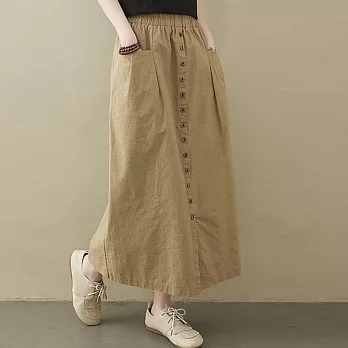 【ACheter】棉質大口袋開衩寬鬆鬆緊腰顯瘦長裙#110045- XL 卡其