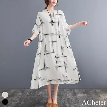 【ACheter】秋季大碼寬鬆棉麻雙口袋印花顯瘦洋裝#110365- F 白