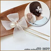 『坂井．亞希子』典雅網紗珍珠蝴蝶結造型髮簪  -米色