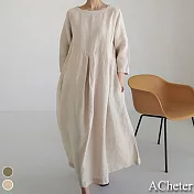 【ACheter】日系棉麻風純色長裙大擺裙洋裝#110516- F 米
