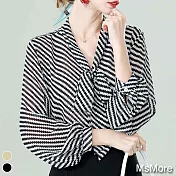 【MsMore】高端時尚洋氣女襯衫設計感條紋長袖雪紡上衣#110389- 2XL 黑白