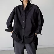 【AMIEE】高質感前短後長寬鬆修身長袖襯衫(KDT-7536) M 黑色