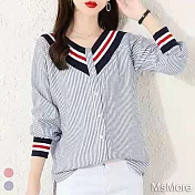 【MsMore】韓國減齡休閒V領拚色條紋氣質寬鬆上衣#110694- 2XL 藍