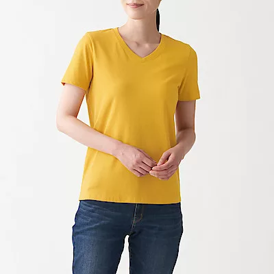 [MUJI無印良品]女有機棉天竺V領短袖T恤 M 煙燻黃