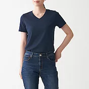 [MUJI無印良品]女有機棉天竺V領短袖T恤 S 暗藍