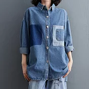 【AMIEE】撞色拼接丹寧牛仔襯衫(KDT-3057A) M 淺藍