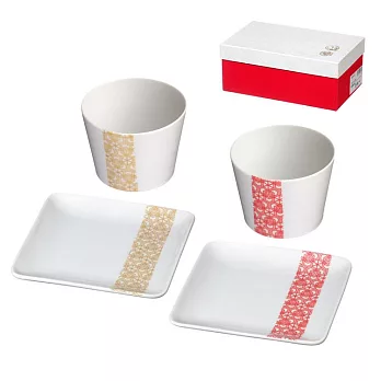 SANGO 和風千壽花紋 陶瓷餐盤茶酒杯 雙入禮盒組
