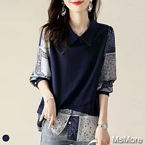 【MsMore】韓國時尚拼接藍瓷印花假2件上衣#110795- M 藍