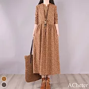 【ACheter】日本碎花大碼休閒寬鬆氣質收腰系帶洋裝#110888- M 咖