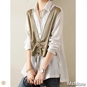 【MsMore】抽繩調節設計感假兩件襯衫寬鬆長上衣#110895- XL 米白