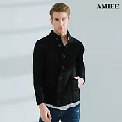 【AMIEE】羊毛雙排扣立領針織毛衣外套(KDC-0026) M 黑色