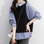 【MsMore】韓版顯瘦寬鬆條紋襯衫假2件上衣#110898- XL 黑