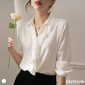 【MsMore】法式荷葉邊絲質感襯衫上衣#110986- M 米白