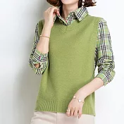 【MsMore】網紅格紋襯衫爆款針織假兩件寬鬆上衣#111045- F 綠