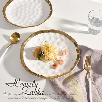 【Homely Zakka】北歐輕奢風錘紋鍍金邊不規則陶瓷餐具_餐盤25cm