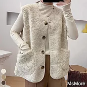 【MsMore】韓版圓領羊羔單排扣雙口袋寬鬆背心外套#110956- L 米白