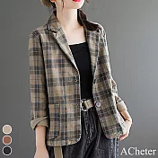【ACheter】文藝復古格子棉寬鬆顯瘦西裝款外套#111024- XL 卡其
