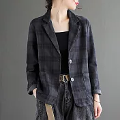 【ACheter】文藝復古格子棉寬鬆顯瘦西裝款外套#111024- M 灰藍