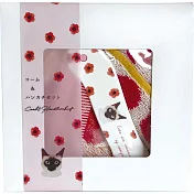 【日本KOJI】可愛隨身折疊梳+柔軟純棉方巾組 · 貓咪小花(紅)