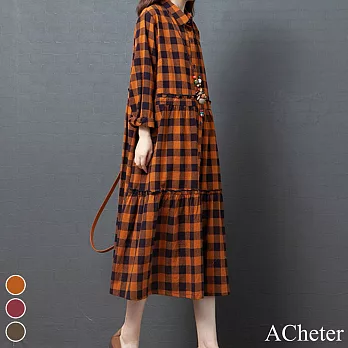 【ACheter】格子棉麻寬鬆大碼拼接洋裝#111029- L 橘