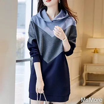 【MsMore】笑涵閣活力連帽拼色太空棉洋裝#110961- XL 藍