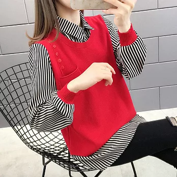 【MsMore】韓版寬鬆百搭襯衫領針織假兩件上衣#111150- F 紅