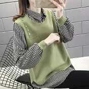 【MsMore】韓版寬鬆百搭襯衫領針織假兩件上衣#111150- F 綠