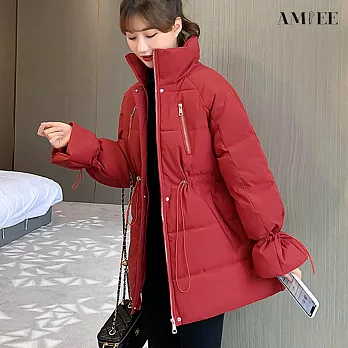 【AMIEE】寬鬆立領麵包羽絨棉外套(KDC-6603N) L 紅色