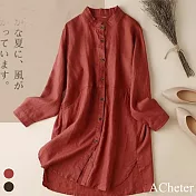 【ACheter】日系立領棉麻休閒顯瘦長襯衫#111119- XL 紅