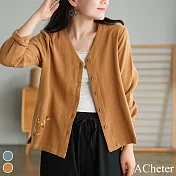 【ACheter】日式V領時髦随性棉刺繡短版外套#111025- M 咖