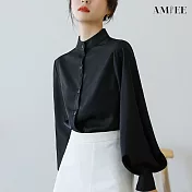【AMIEE】立領燈籠袖優雅長袖襯衫(KDT-5262) L 黑色