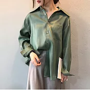 【言】寬鬆光澤感緞面長袖襯衫(2色)           M 竹子綠
