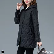 【MsMore】保暖菱形格輕薄羽絨棉連帽外套#111231- M 黑