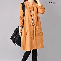 【AMIEE】立領排扣口袋襯衫洋裝(KDD-5456) M 黃色