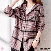【MsMore】歐風時尚連帽抽繩裝飾撞色格紋襯衫#111379- M 粉紅