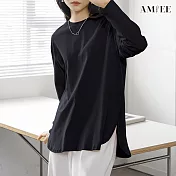 【AMIEE】基本小開衩長袖打底上衣(KDT-4909) L 黑色