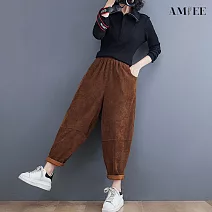 【AMIEE】簡約寬鬆絨面燈籠褲(KDP-8171) L 咖色