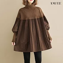 【AMIEE】高領拼接百摺設計上衣(KDT-6742) F 咖啡色