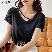 【初色】造型小V領T恤-共3色-99565(M-XL可選) L 黑色