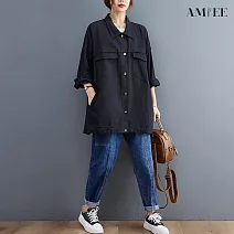 【AMIEE】百搭時尚率性中長版襯衫外套(KDC-3259) F 黑色
