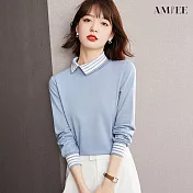 【AMIEE】翻領拼接時尚七分袖上衣(KDT-6019) S 淺藍色