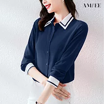 【AMIEE】撞色高雅OL雪紡襯衫(KDT-1779) M 藍色