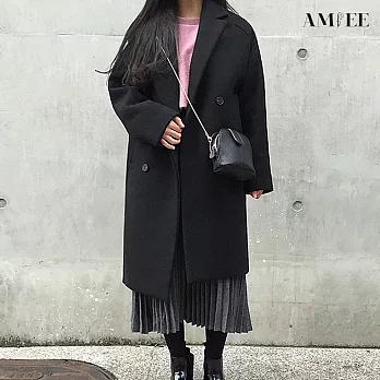 【AMIEE】日系保暖毛呢大衣外套(舒適/保暖/百搭/KDC-8509) L 黑色