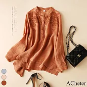 【ACheter】大碼棉麻刺繡文藝寬鬆顯瘦襯衫#111654- XL 橘
