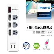 【PHILIPS 飛利浦】新安規 4開3插USB延長線 SPN2642WA/96 (1.8米) 白色