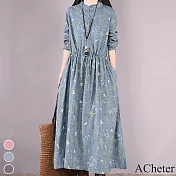 【ACheter】小碎花收腰顯瘦系帶褶皺寬鬆大碼棉麻洋裝#111678- M 藍