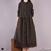 【ACheter】復古田園風碎花休閒拼接顯瘦棉麻洋裝#111680- XL 咖