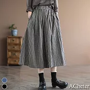 【ACheter】復古大擺高腰顯瘦棉麻格子A字長裙#111747- L 黑