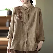 【ACheter】文藝復古刺繡雙層棉寬鬆顯瘦襯衫上衣#111751- M 卡其