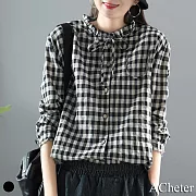 【ACheter】韓版木耳領系帶棉麻文藝格子襯衫上衣#111757- M 格子